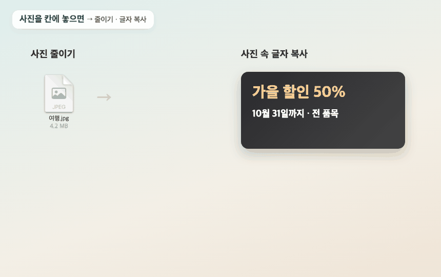 사진 줄이기 · 사진 속 글자 복사