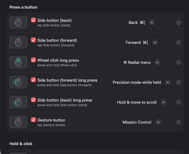KokKok settings — an animated mouse on every row, tick and choose an action