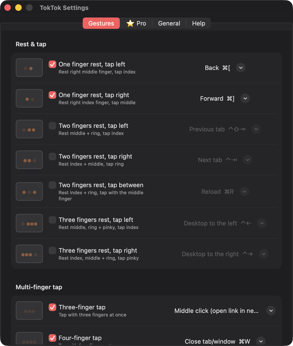 Gestures tab — check what you want, pick an action