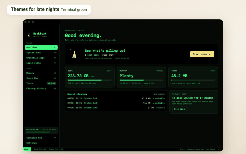 SsakSsak themes — Terminal green · Amber monitor · Code editor · Violet night
