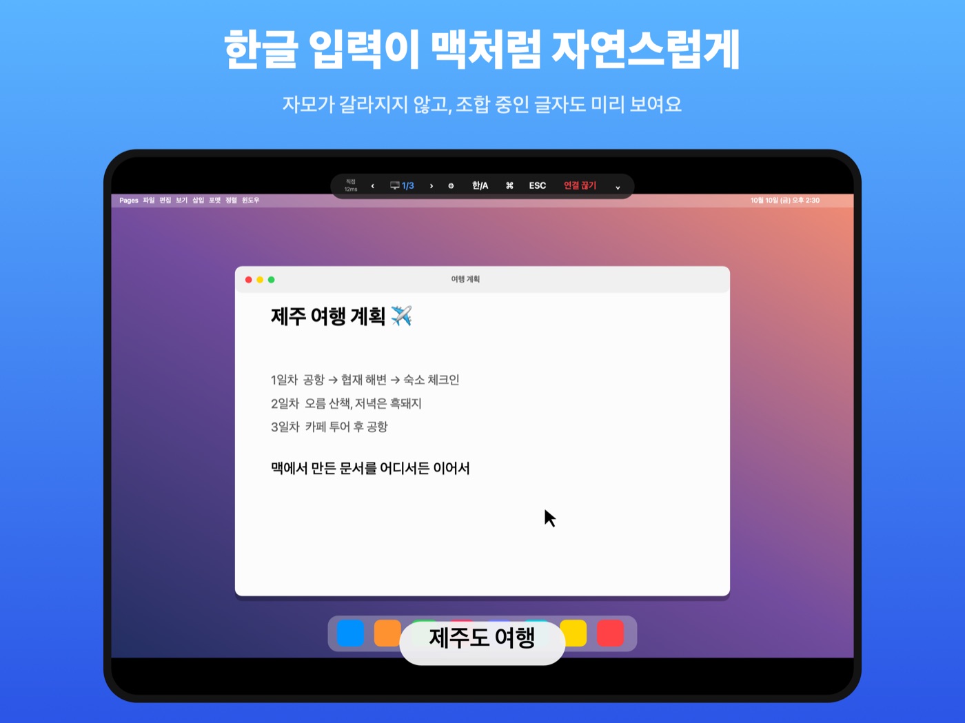 아이패드에서 한글을 입력하면 조합 중인 글자를 미리 보여 주는 휘리릭